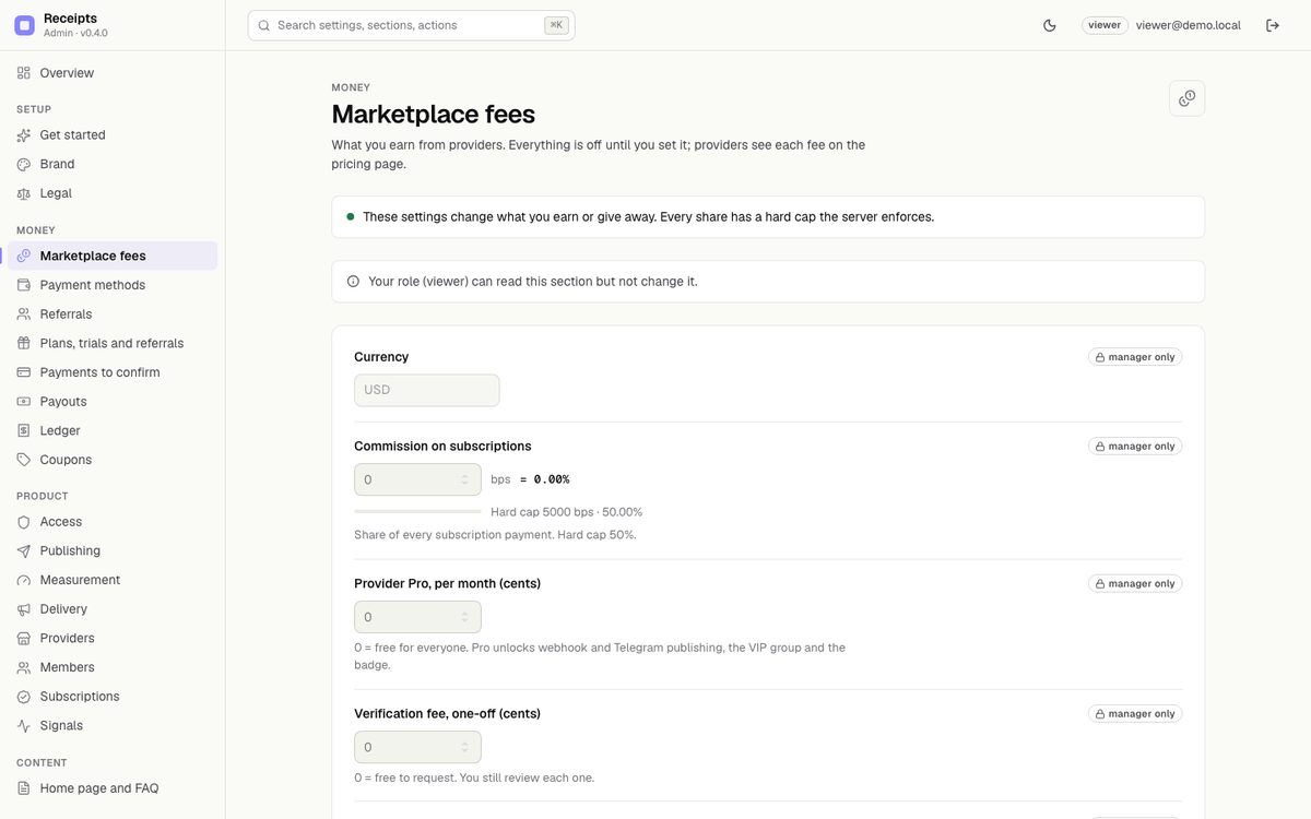 Marketplace fees · everything off by default