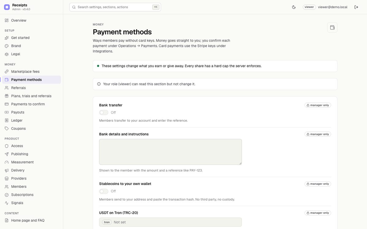 Payment methods · all off by default